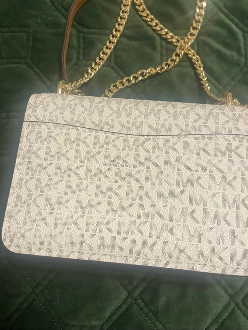 Michael Kors Cream Logo Crossbody with Tan Trim and Gold Chain